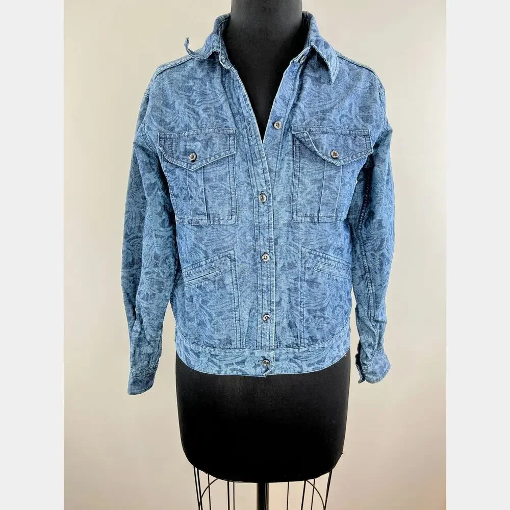 Isabel Marant Etoile Blue Cotton Linen Blend Brocade Denim Jacket Size 36